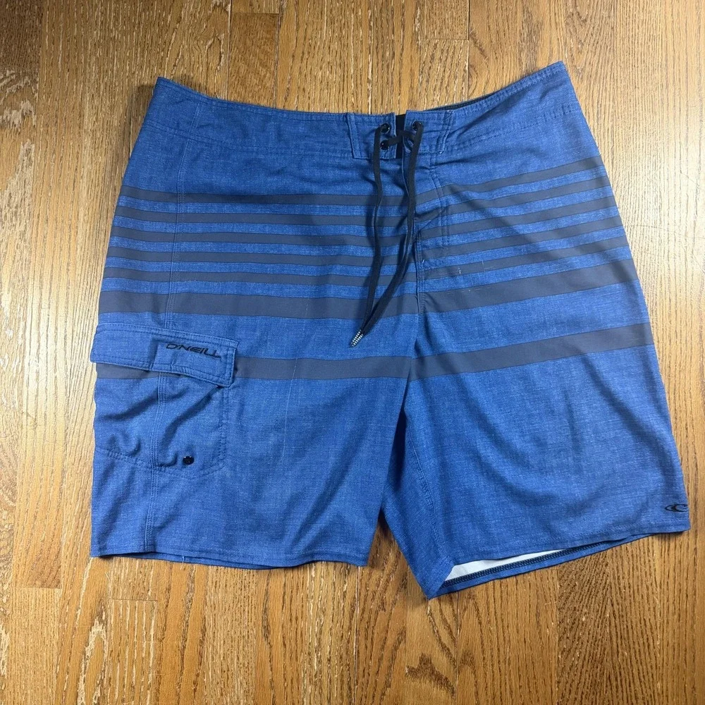 O'Neill Board Shorts Mens 38 Blue Stripe Swim Trunks Cargo Pocket Stretch